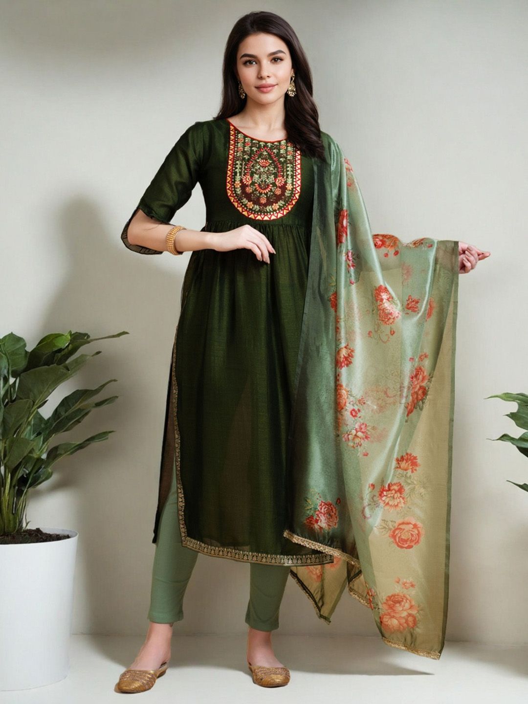 SZN Women Floral Embroidered Anarkali Pleated Kurta & Trousers With Dupatta