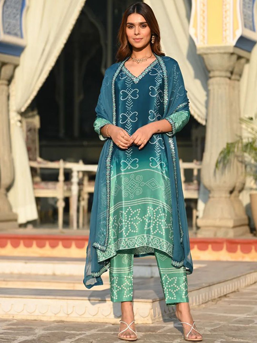 DIVASTRI Printed V-Neck Mirror Work Chanderi Silk Straight Kurta With Trousers & Dupatta