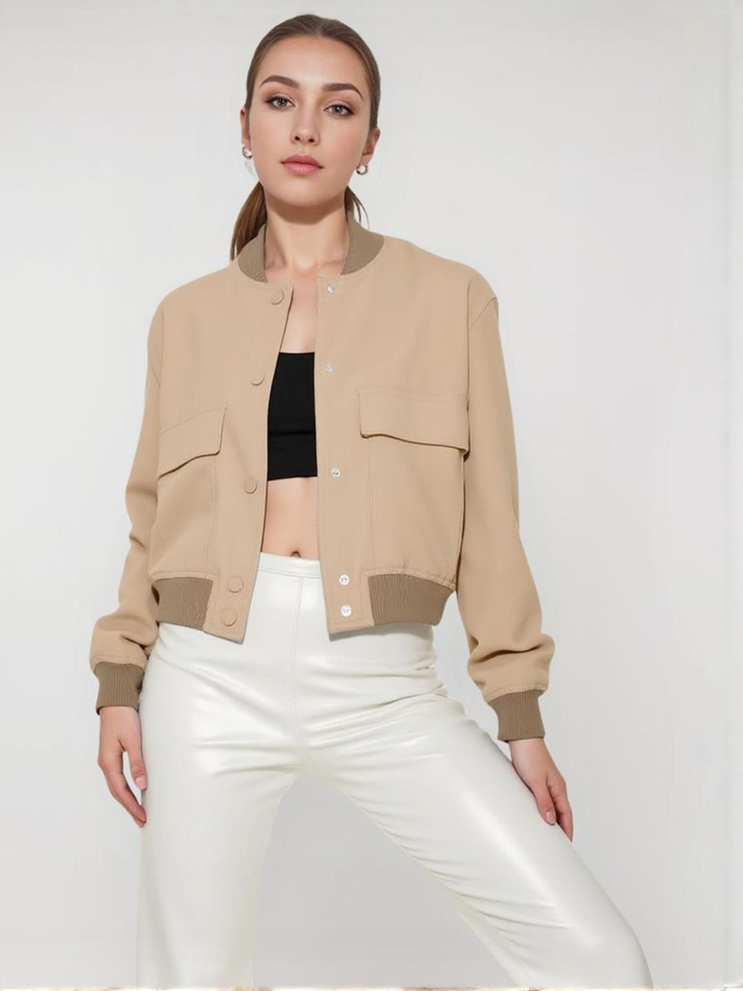 HERE&NOW Women Mandarin Collar Solid Bomber Jacket