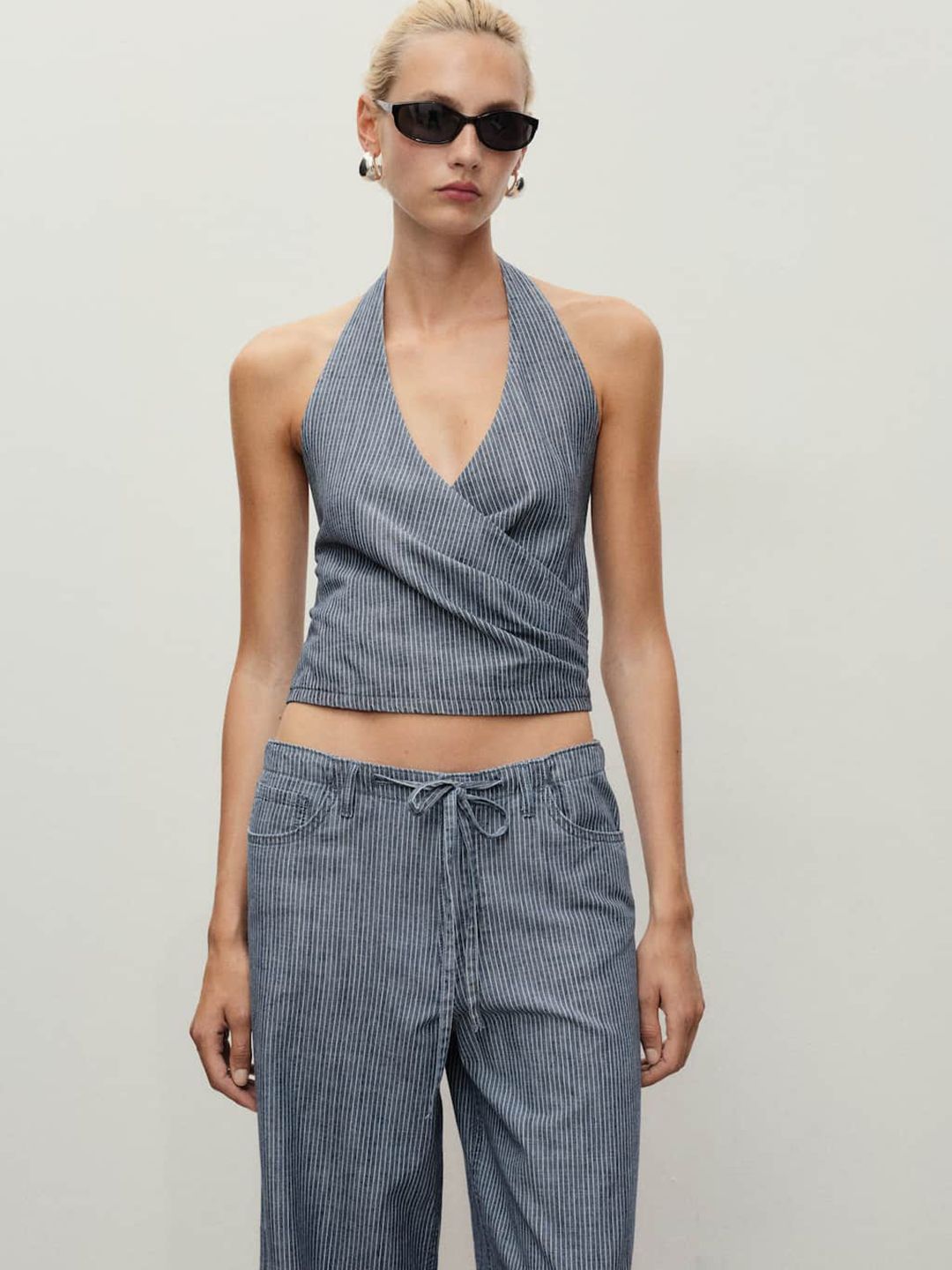 MANGO Striped Halter Neck Pure Cotton Wrap Crop Top-picture-32