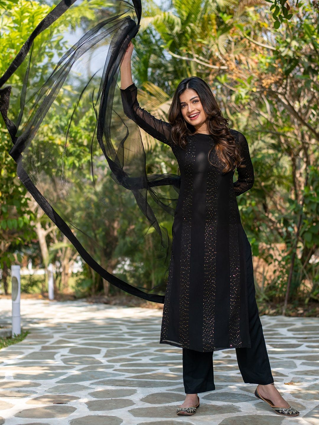 BlueRang Women Embroidered Regular Sequinned Kurta with Trousers & Dupatta