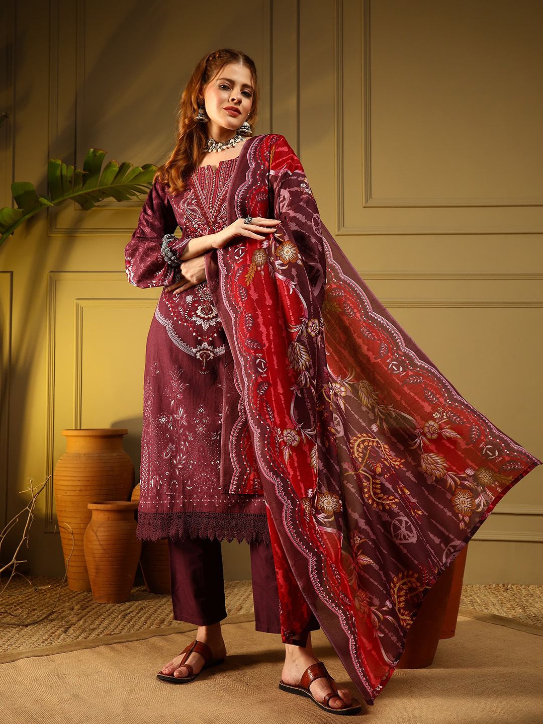 Sangria Floral Printed Pure Cotton Round Neck Kurta & Trousers With Dupatta