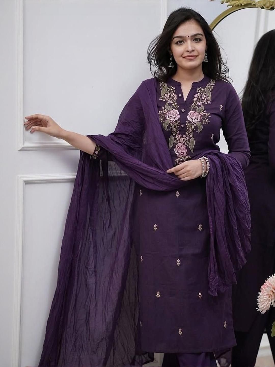 CaniBani Women Magenta Embroidered Viscose Rayon Kurta & Trousers With Dupatta