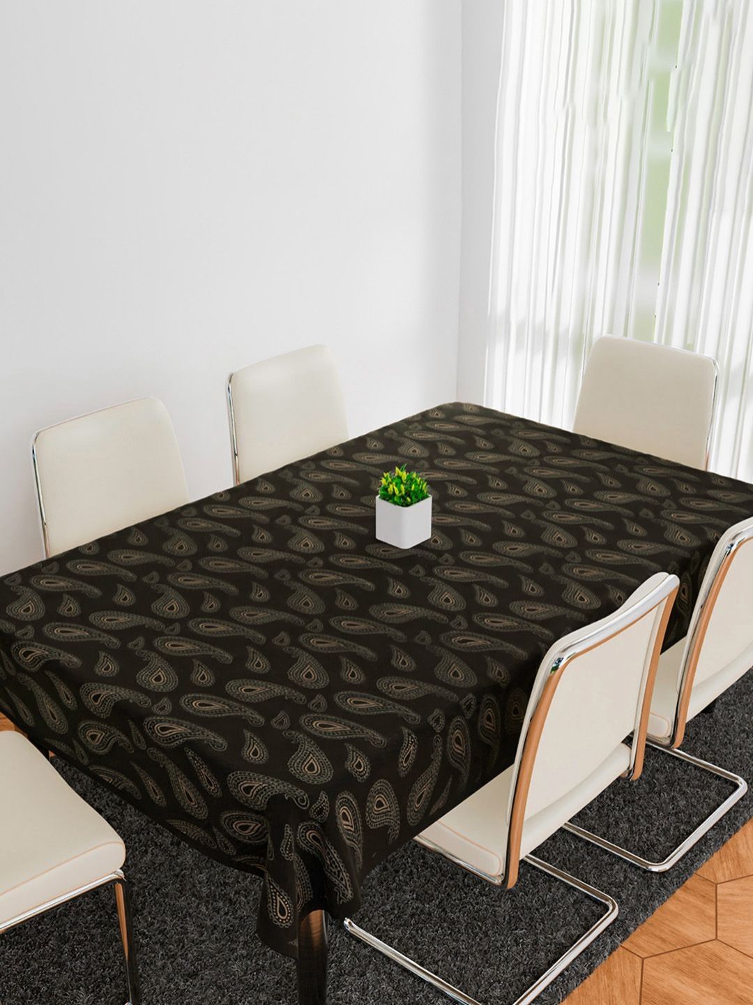 Aura Black & Beige Geometric Printed Anti-Skid Cotton 6-Seater Table Cover-image-49