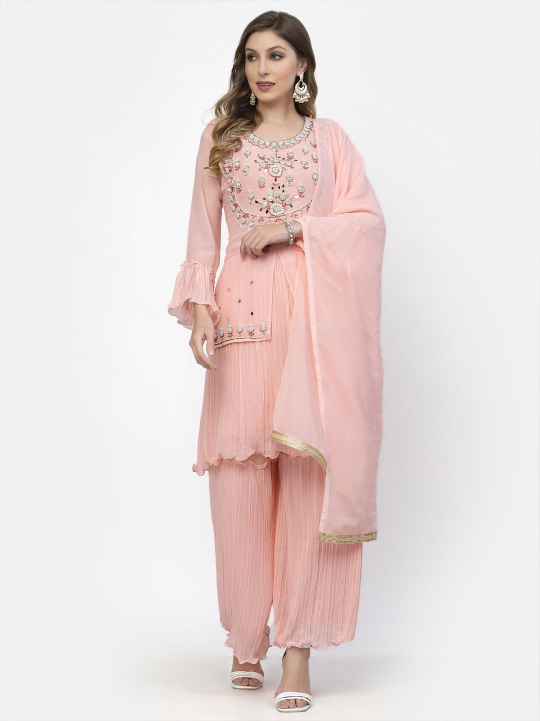 TS LIFESTYLE Ethnic Motifs Embroidered Round Neck A-Line Kurta With Sharara & Dupatta