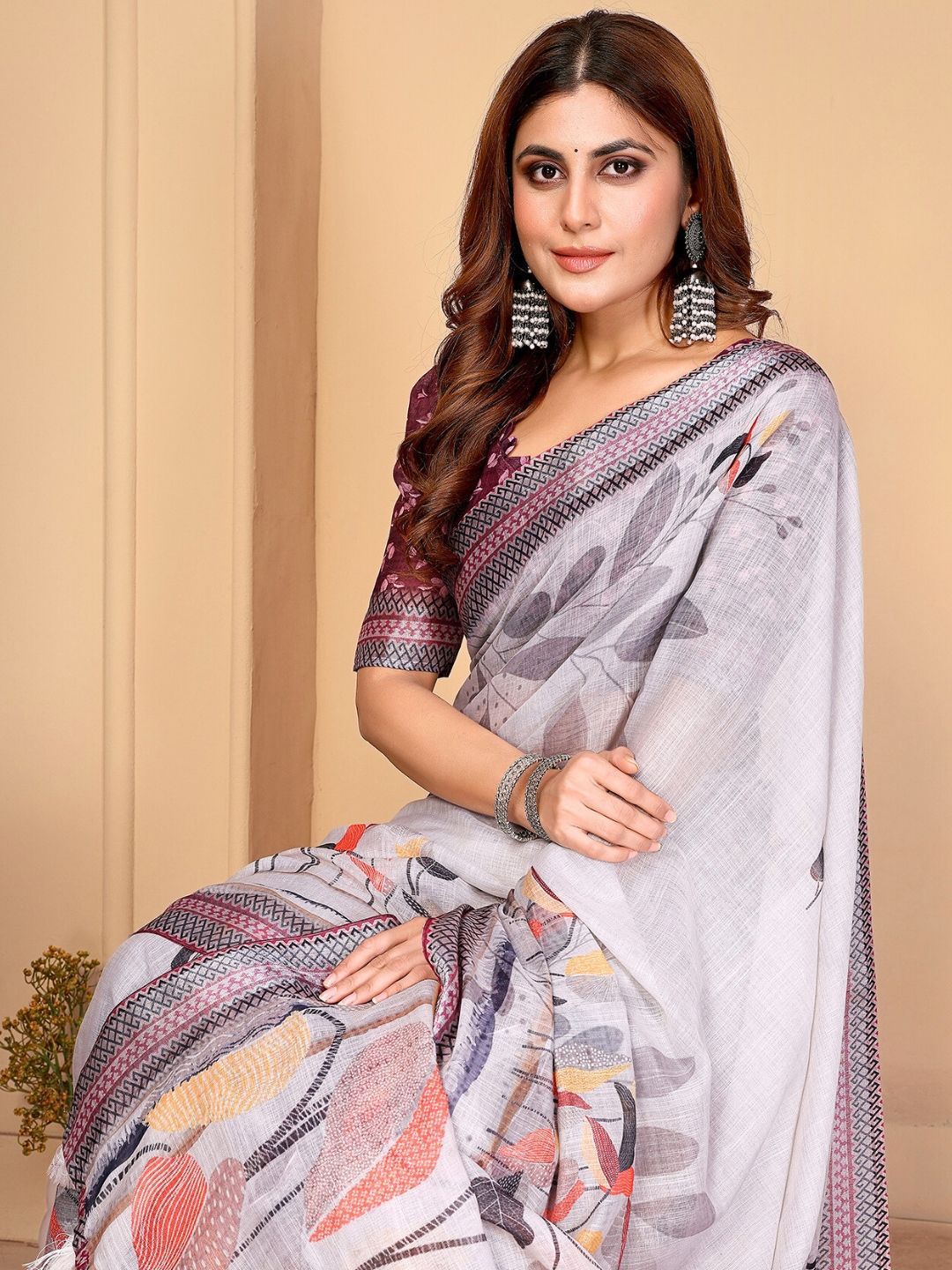 MORDEN MUSE Printed Cotton Linen Saree With Blouse Piece-picture-33