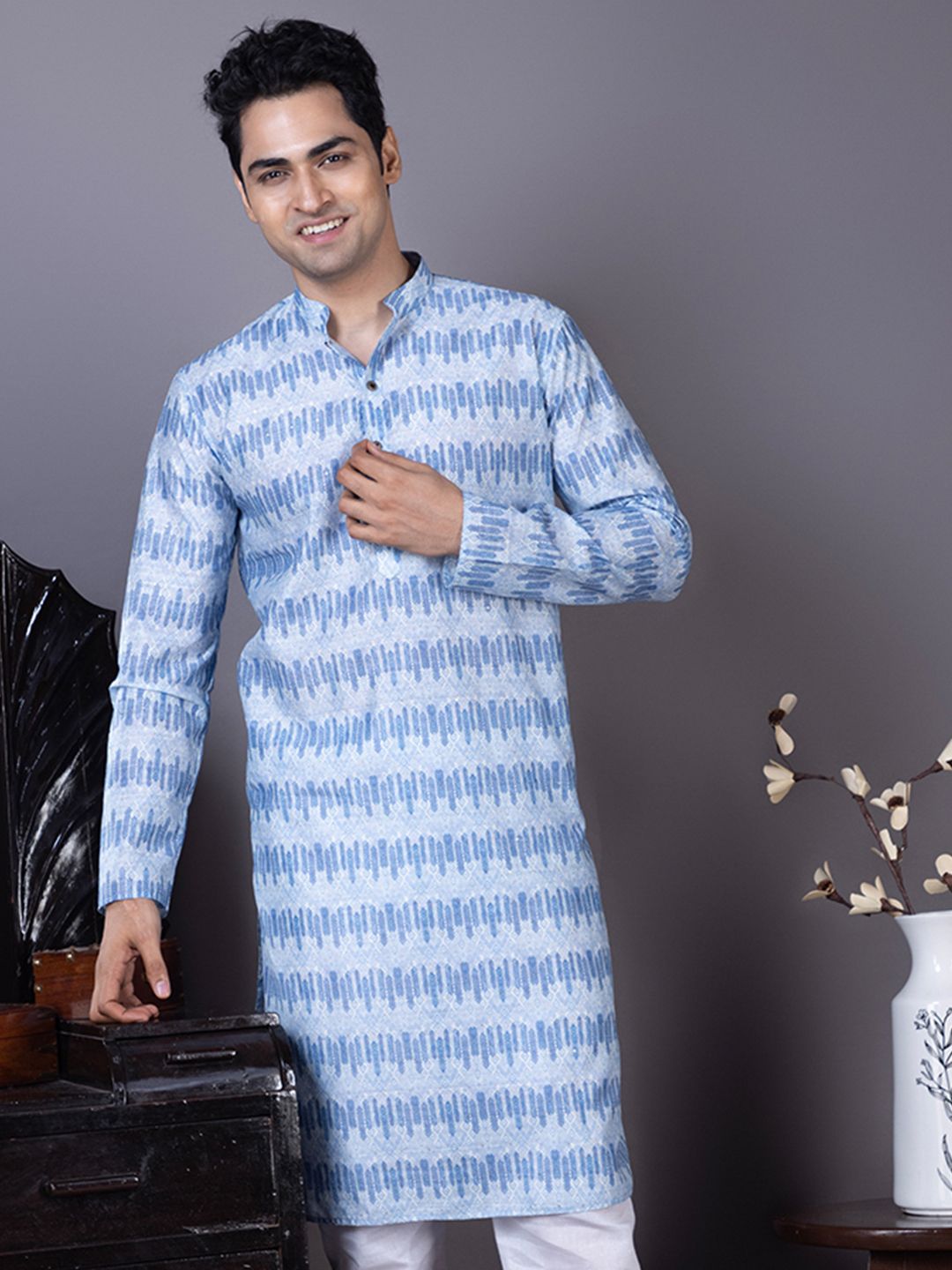 DEVOILER Ethnic Motifs Printed Mandarin Collar Cotton Silk Straight Kurta-picture-42