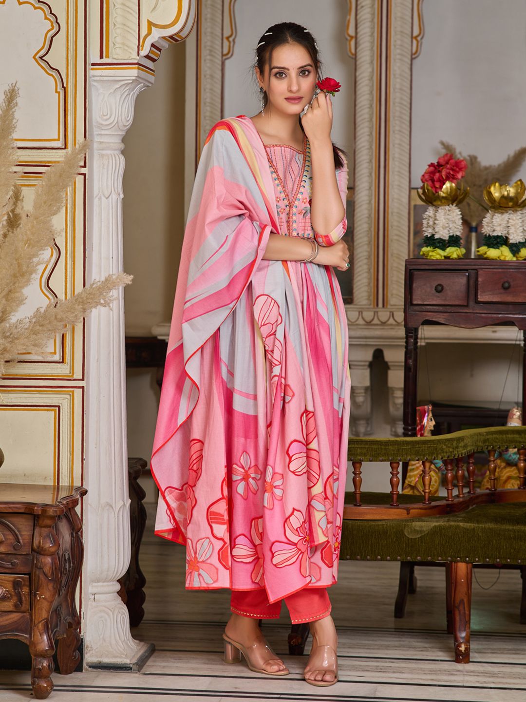 KALINI Floral Printed Square Neck Thread Work A-Line Kurta & Trousers With Dupatta