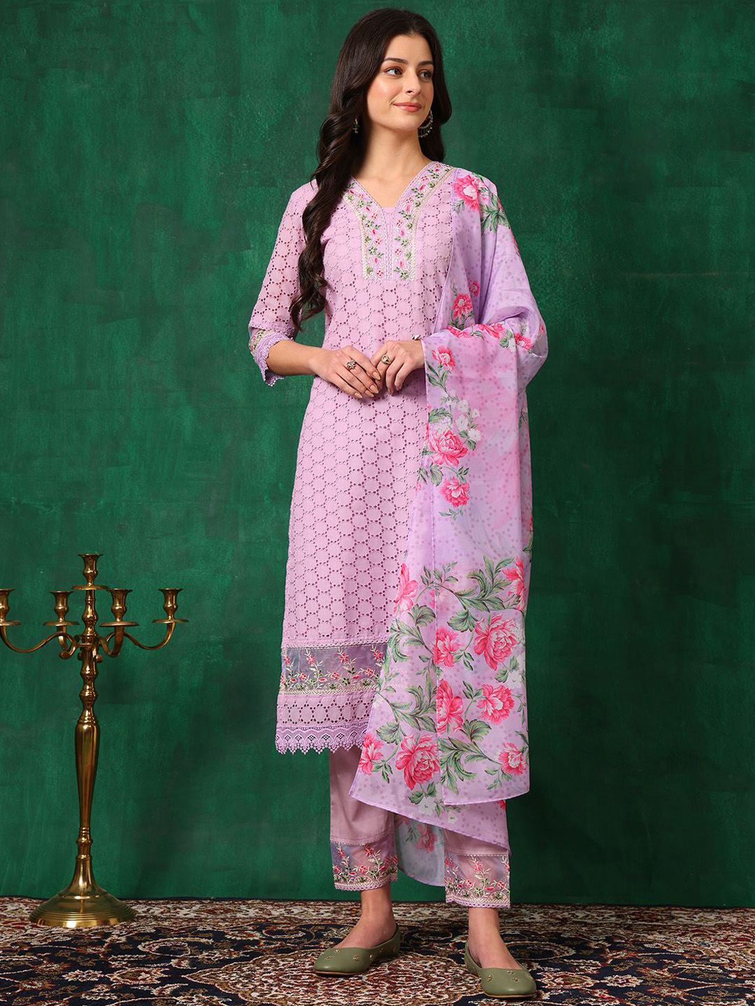 KALINI Floral Embroidered Straight Chikankari Pure Cotton Kurta With Trousers & Dupatta