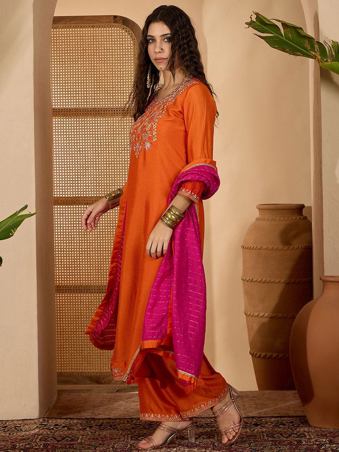 Women'S Maroon & Beige Yoke Design Kurta With Palazzos main image 0
