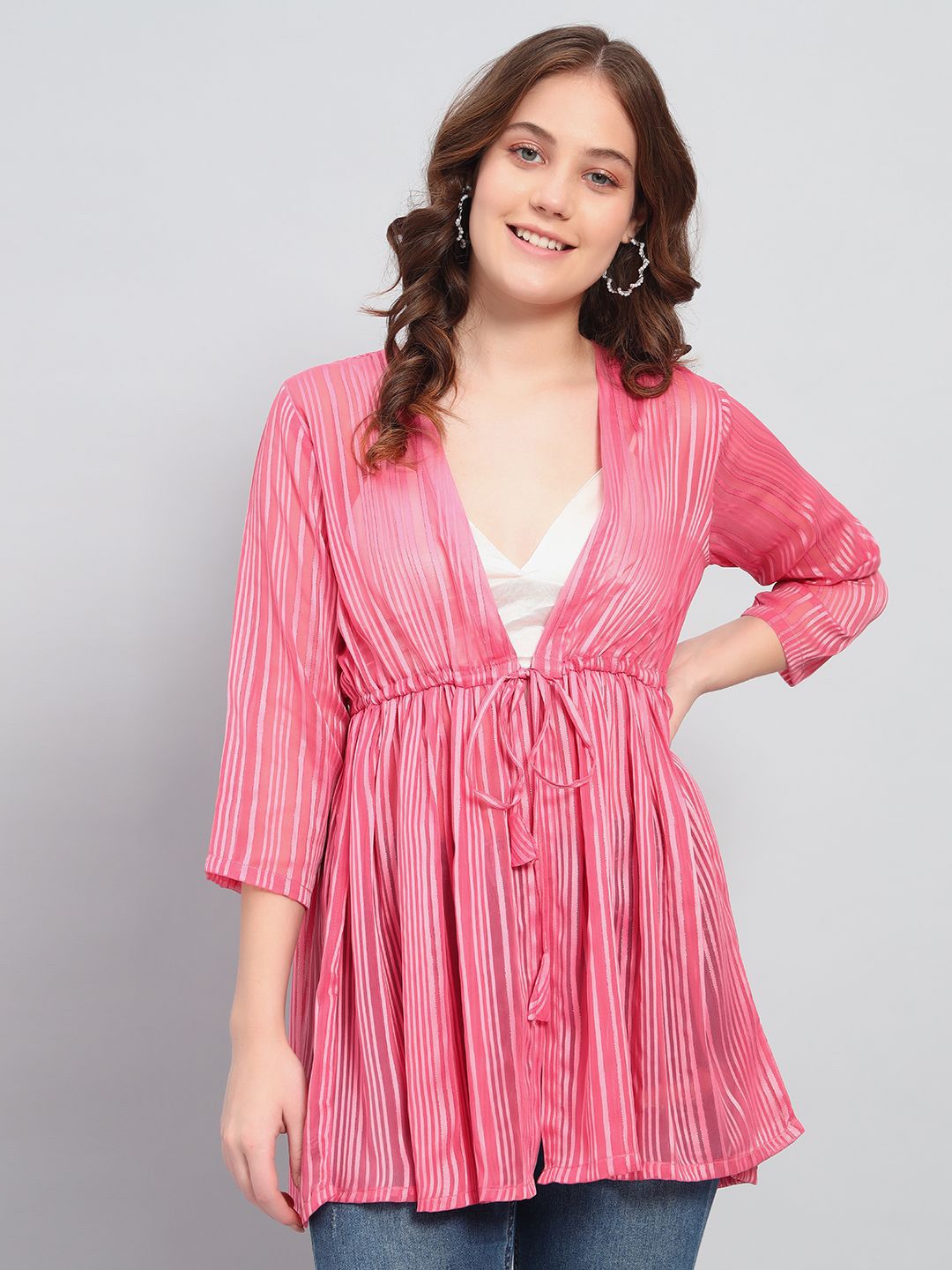 DressBerry Striped Longline Tie-Up Shrug