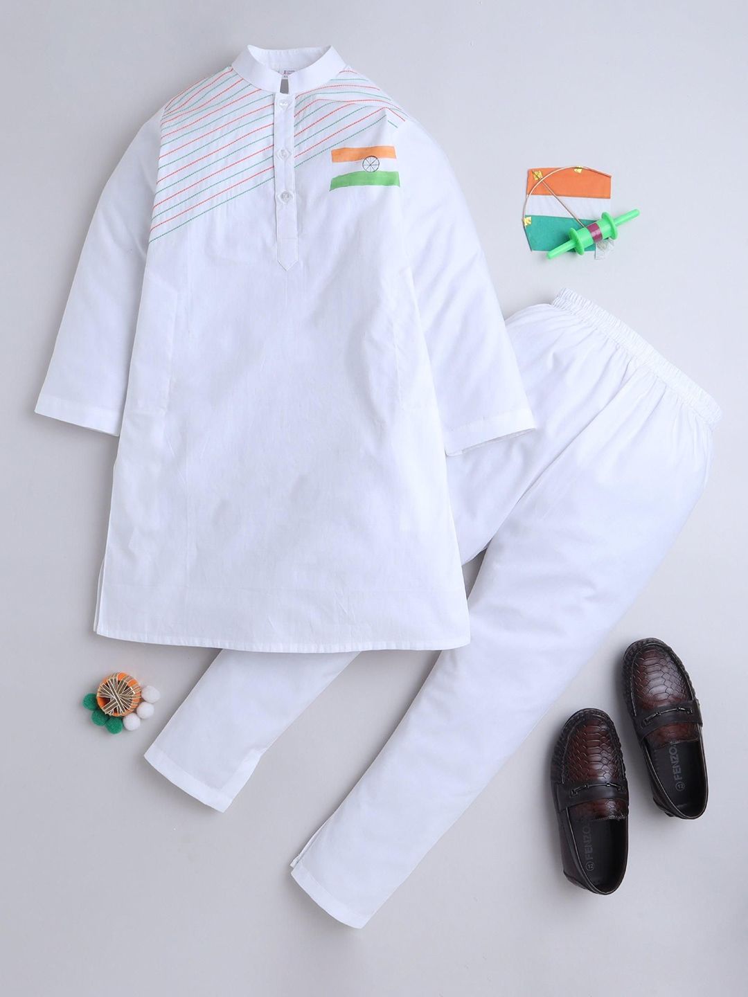 Little Clothings Boys White Hand-Painted Independence Kurta Set-image-44