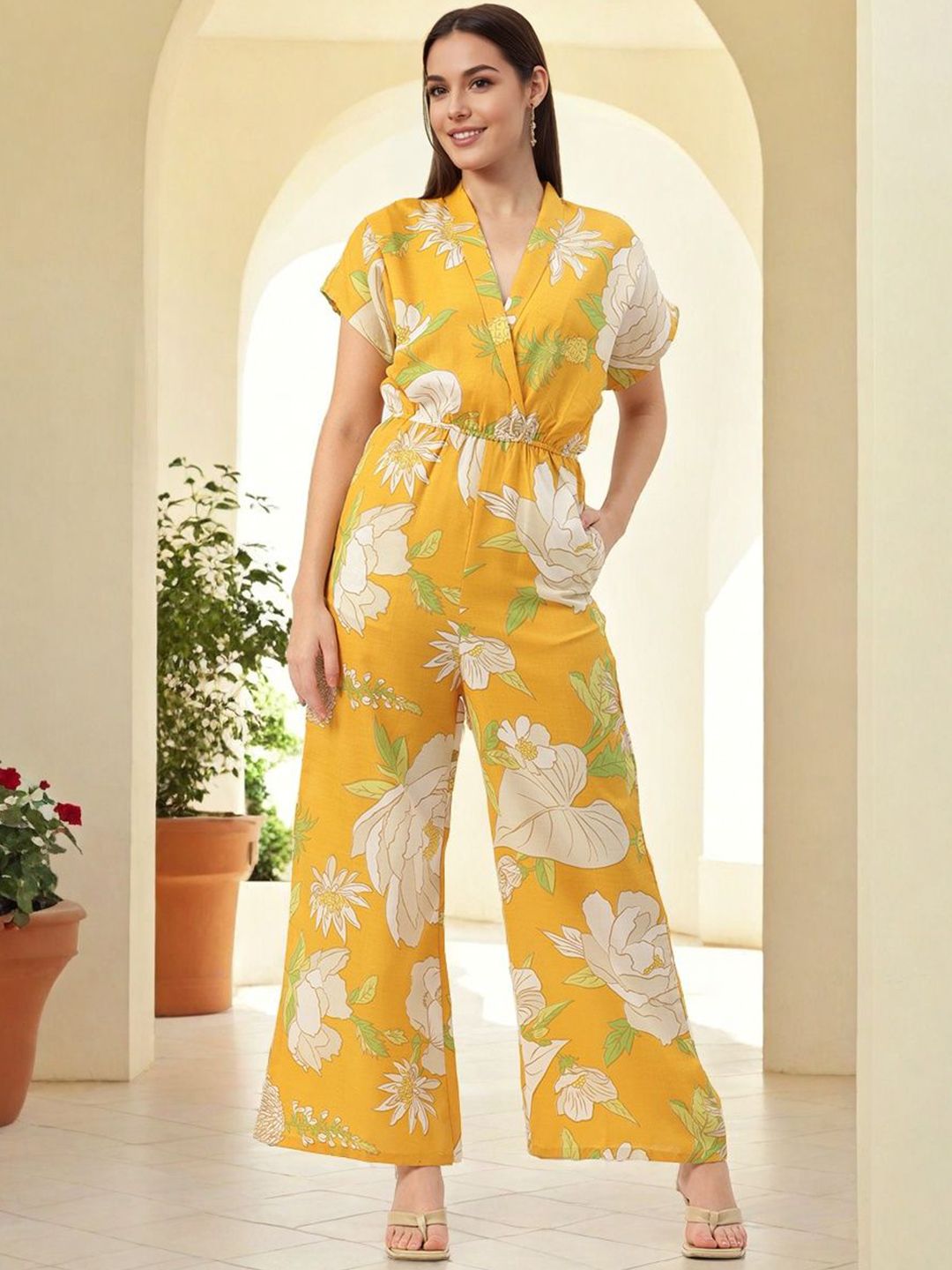 SZN Women Floral Print Shawl Lapel Collar Jumpsuit