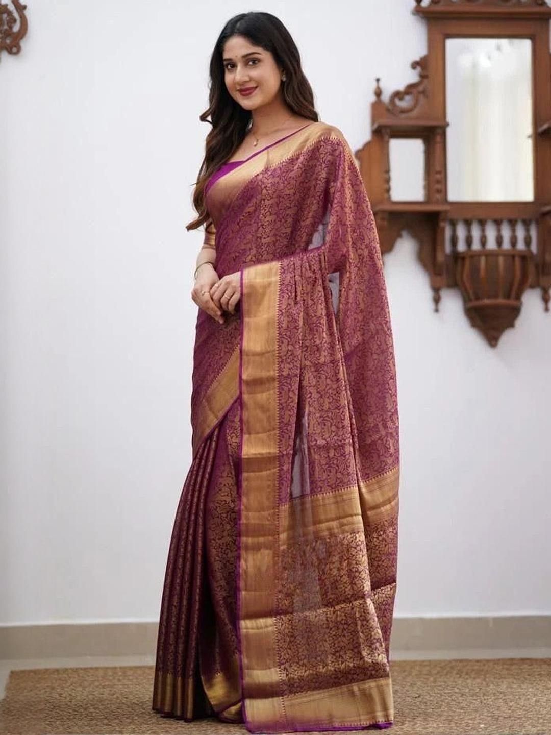 Zenophily Purple Women Woven Kanjivaram Jacquard Saree-picture-12