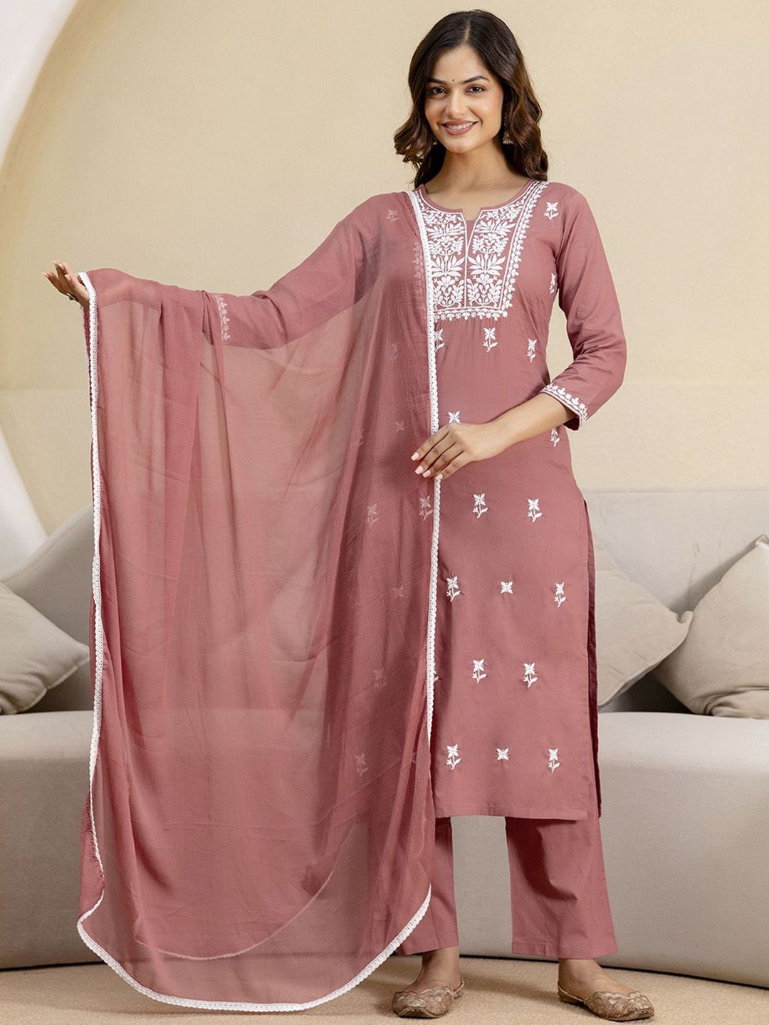 Trendmalls Women Woven Design Embroidered Cotton Kurta with Trousers & Dupatta