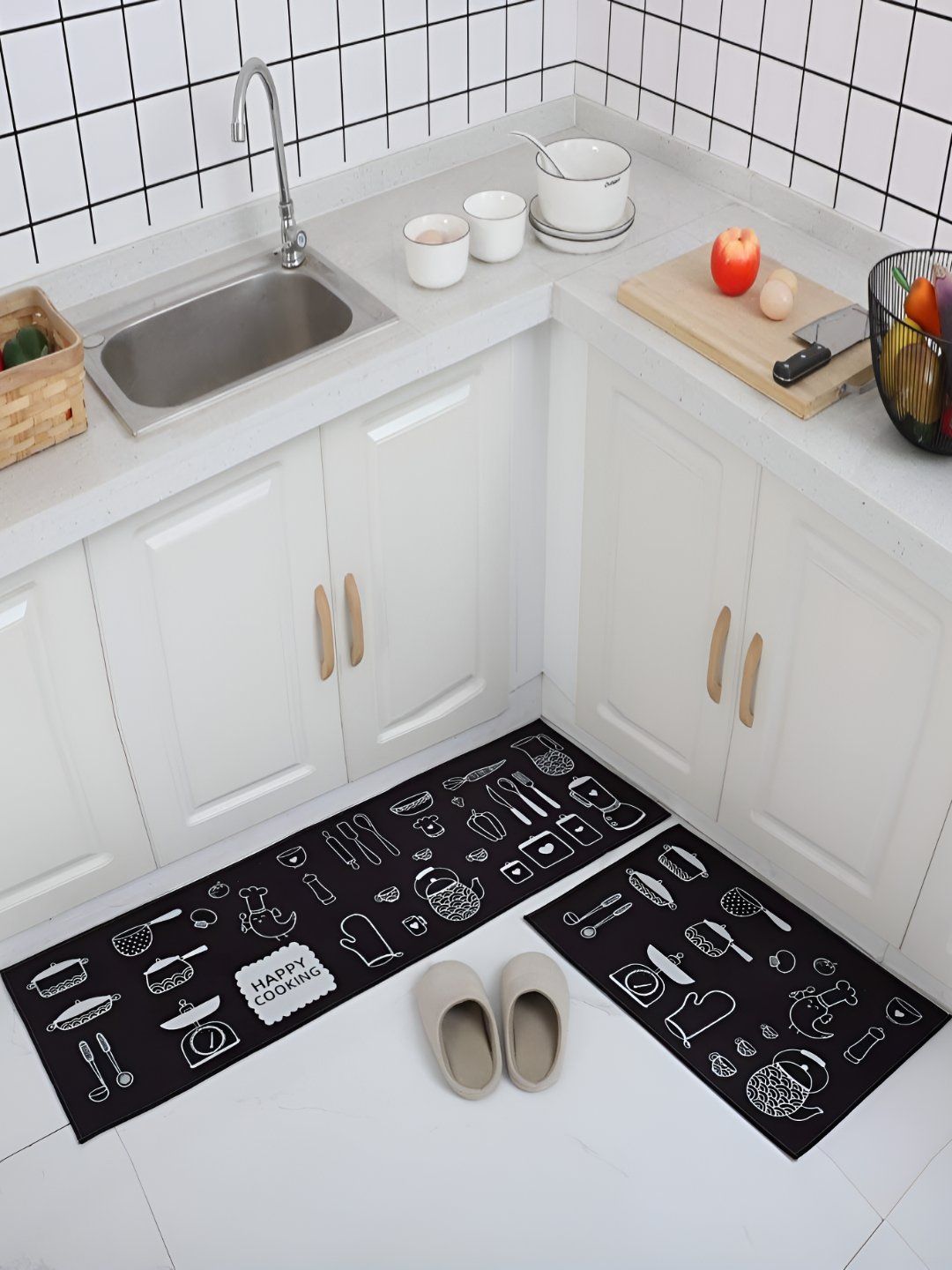 FAVRIA 2-Pcs Black & White Printed Waterproof, Anti-Fatigue Floor Mats-picture-10