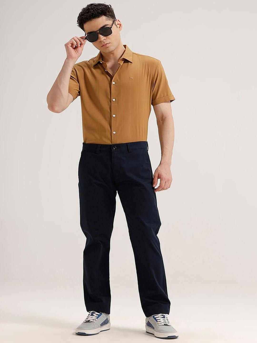 Basics Men Relaxed Tapered Fit Mid-Rise Flat-Front Cotton Regular Trousers-picture-11