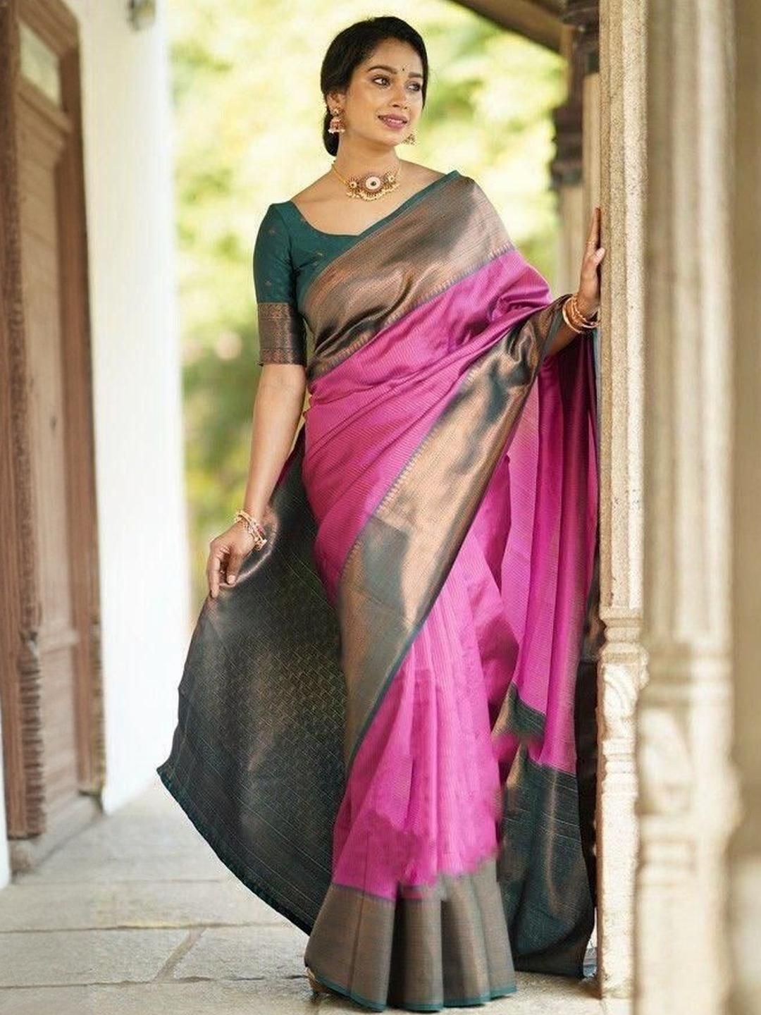 Zenophily Multicolor Women Self Design Kanjivaram Pure Silk Art Silk Saree-picture-10