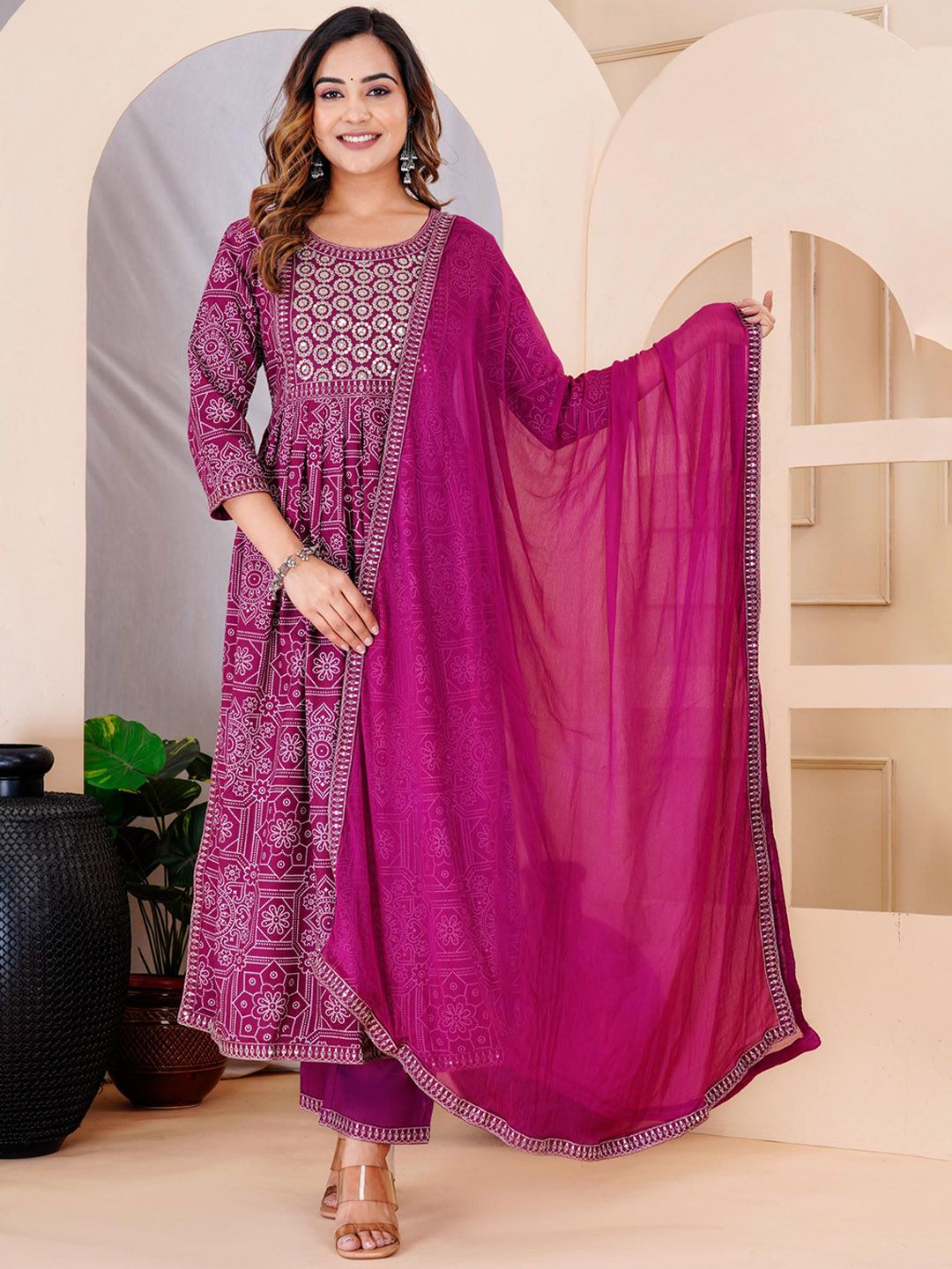 aayusika Bandhani Embroidered Round Neck Sequinned A-Line Kurta With Trousers & Dupatta