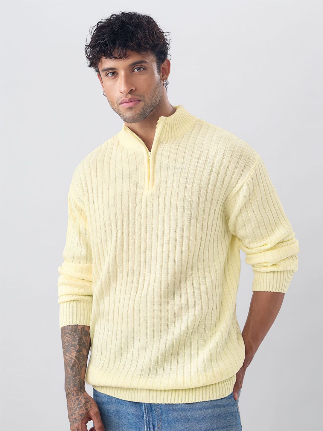 The Souled Store Men Ribbed Mock Collar Half Zipper Oversized Pullover-picture-12