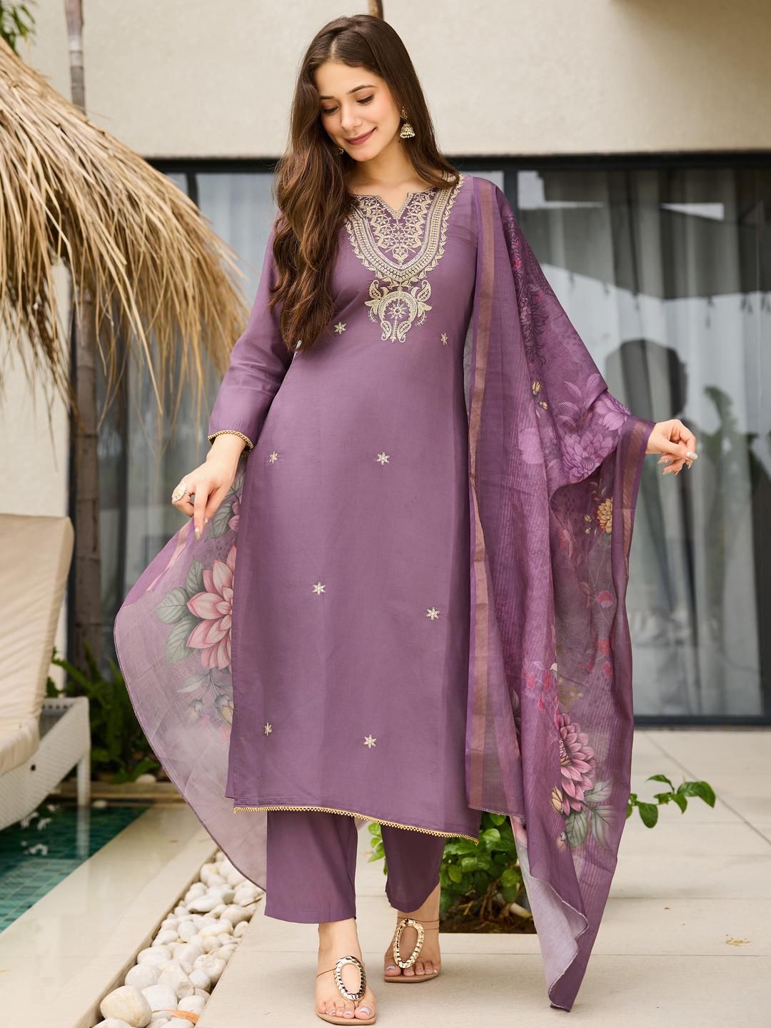CaniBani Women Mauve Embroidered Chanderi Silk Kurta & Trousers With Dupatta