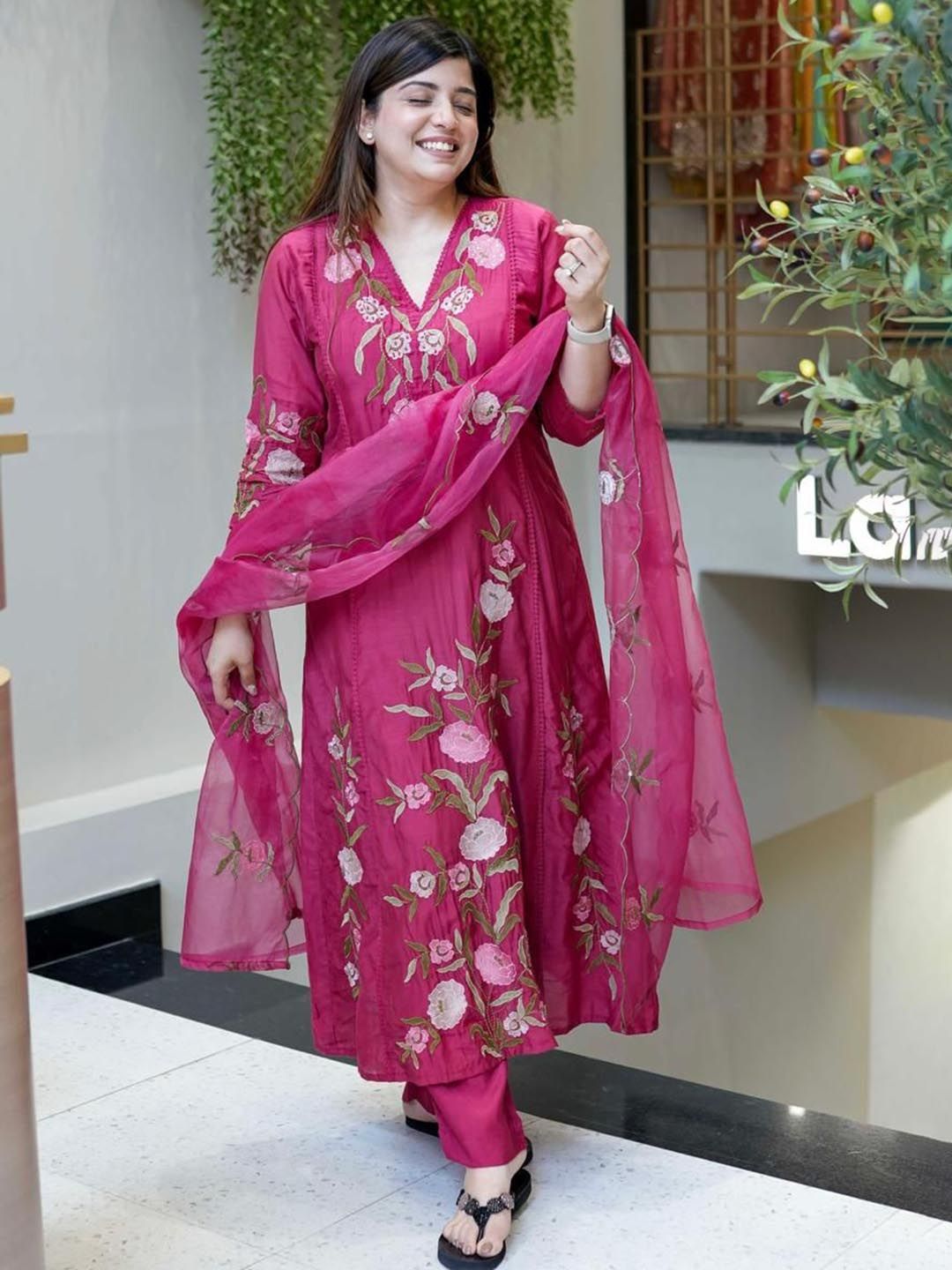 VASTRAHUT Women Floral Embroidered A-Line Kurta with Trousers & Dupatta