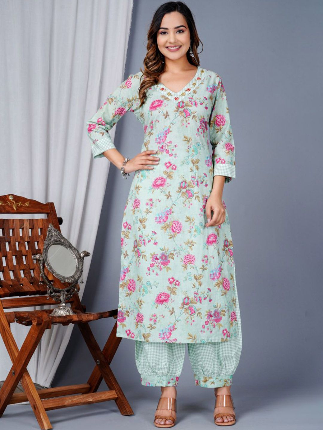 aayusika Women Floral Printed Cotton Kurta with Dhoti pant & Dupatta