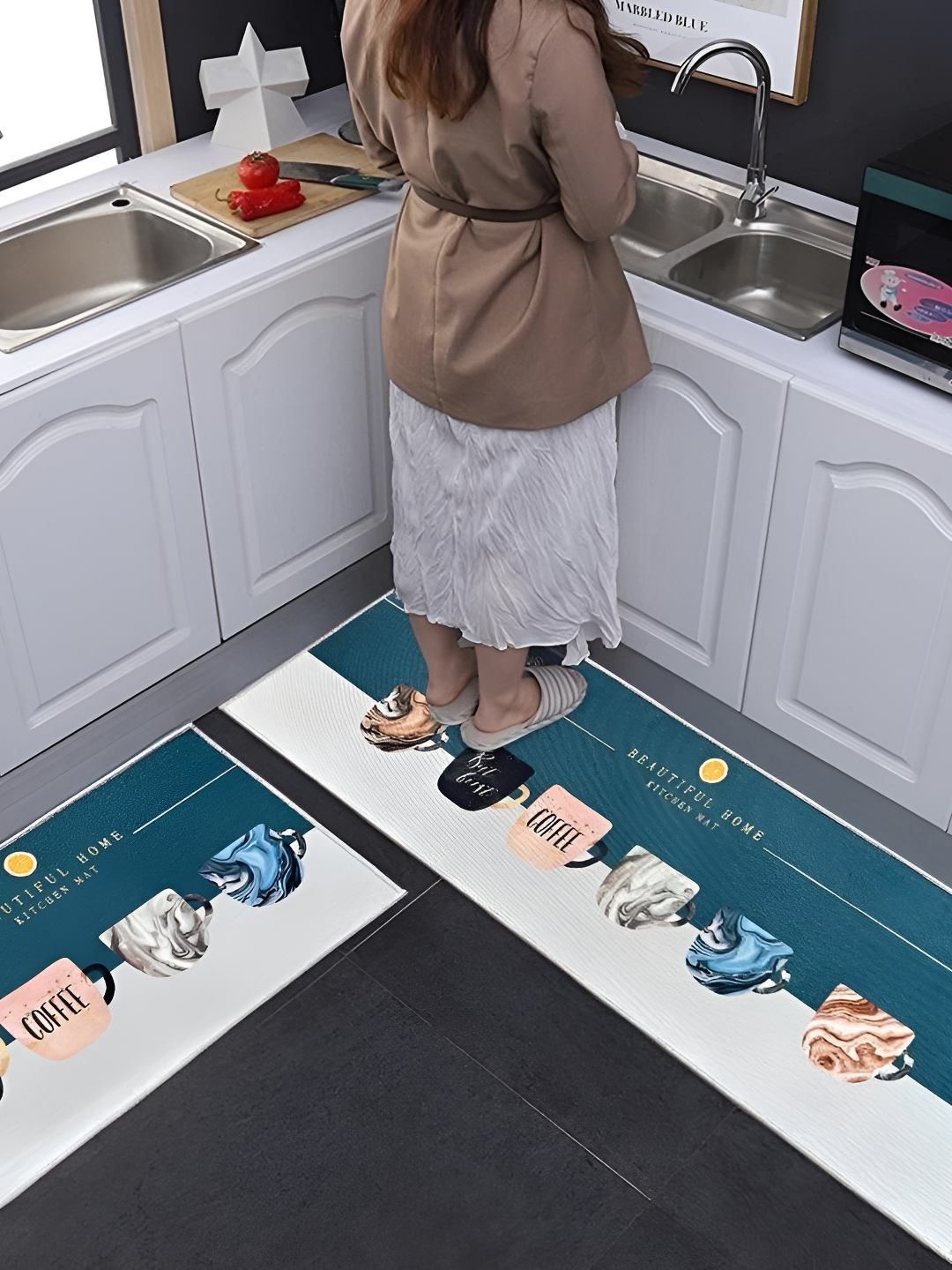 FAVRIA 2-Pcs Blue & Off White Printed Waterproof, Anti-Fatigue Floor Mats-picture-16