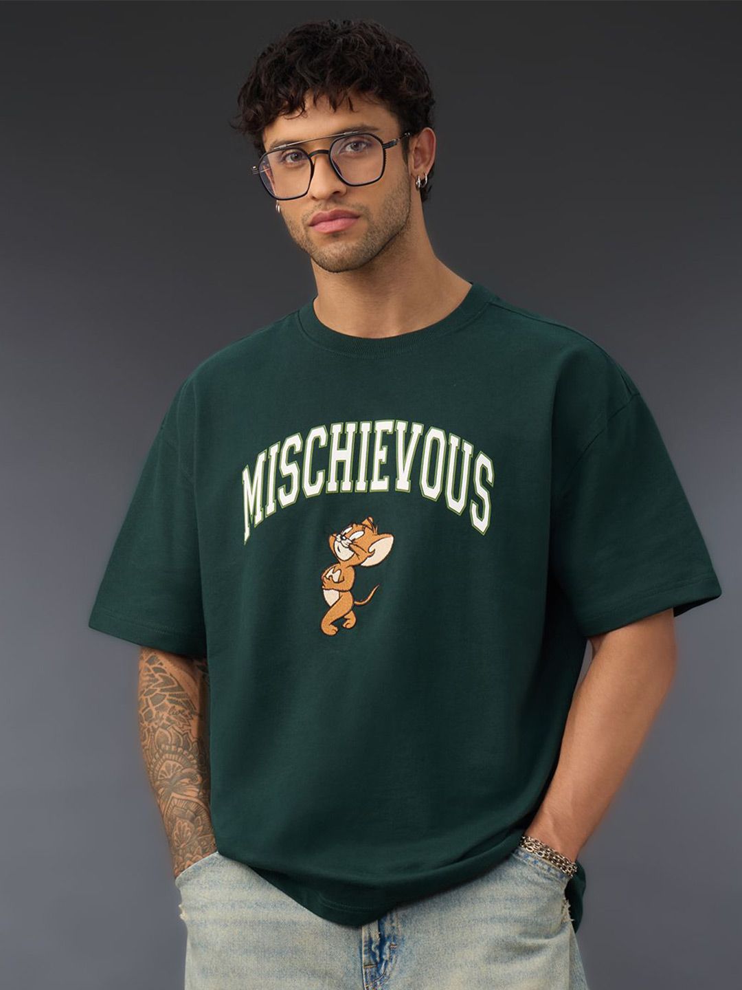 The Souled Store Men Tom & Jerry Typography Printed Round Neck Cotton Oversized T-shirt-image-2