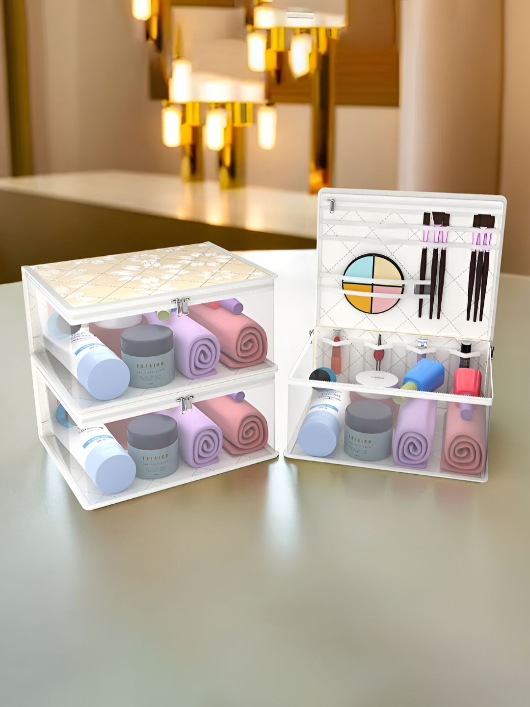 Aura Gold-Toned & White 3 Pieces Makeup Organisers-picture-28