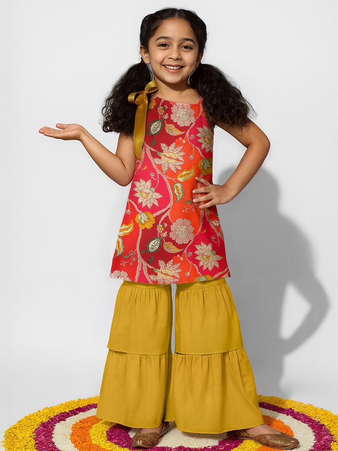 TALES & STORIES Girls Pink & Yellow Viscose Rayon Floral Printed Kurta Sets-picture-30