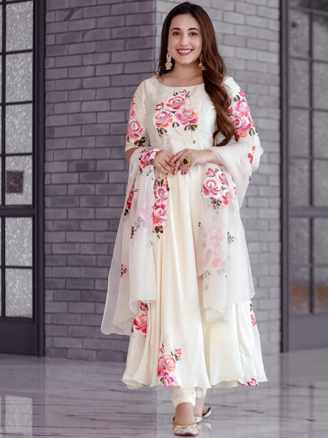 CANBIA Women Floral Print Anarkali Kurta with Trousers & Dupatta