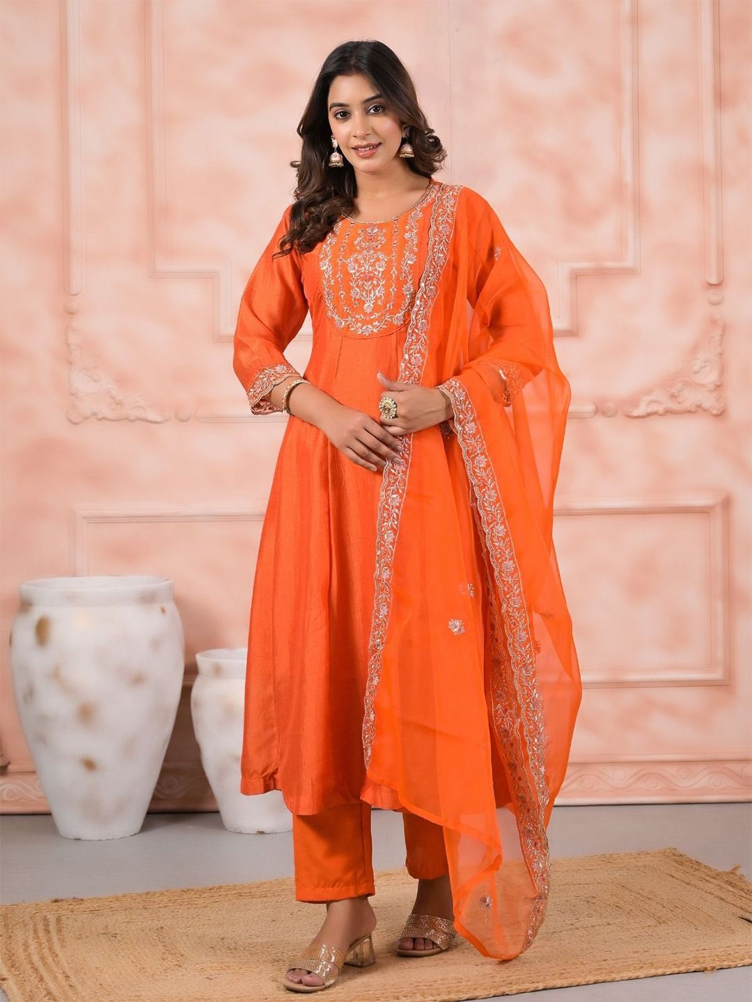 ODETTE Floral Embroidered Round Neck Panelled Thread Work Kurta With Trousers & Dupatta