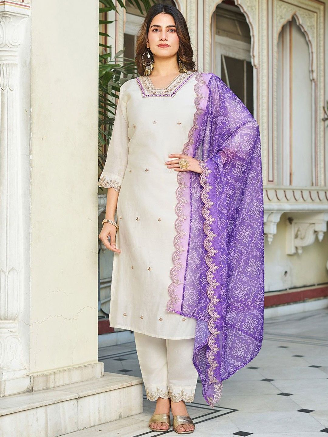 HERE&NOW Floral Embroidered Square Neck Raw Silk Kurta With Trousers & Dupatta