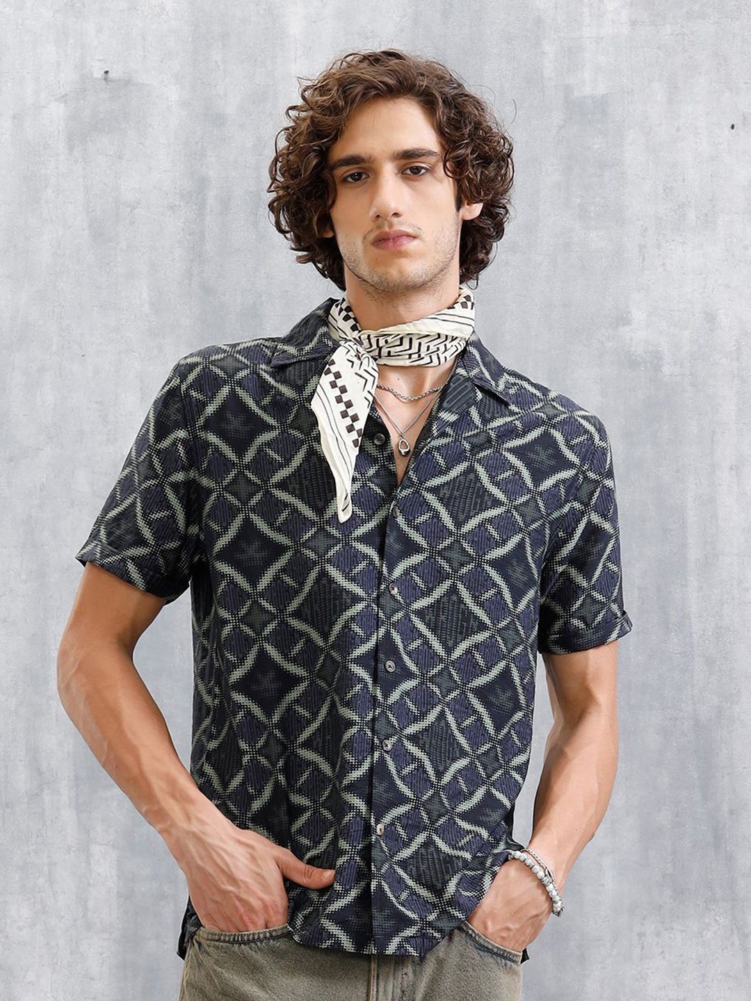 WROGN Men Comfort Fit Geometric Printed Cuban Collar Casual Shirt-picture-10