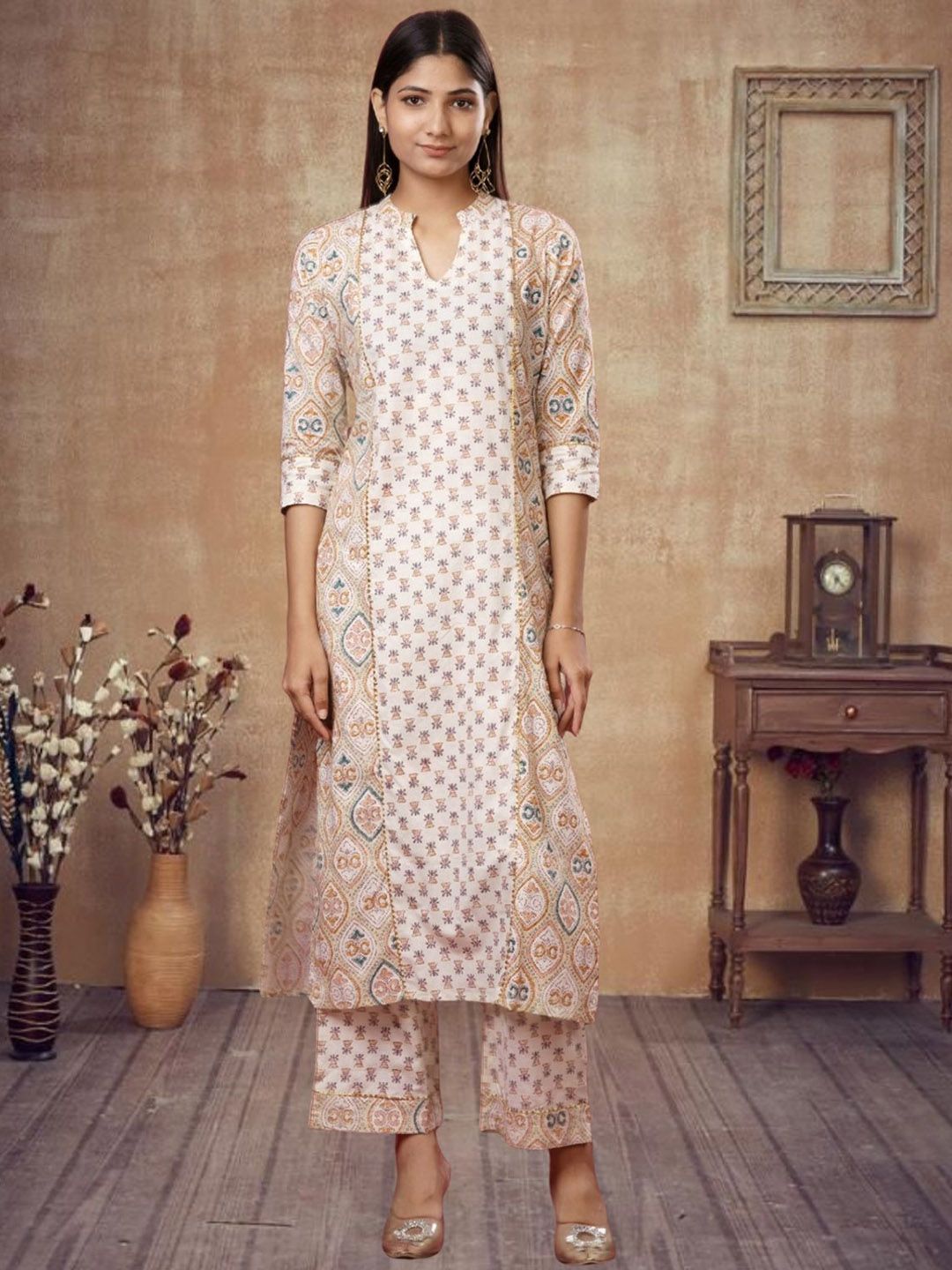 OZIA Ethnic Motifs Printed Mandarin Collar Straight Gotta Patti Kurta With Trousers