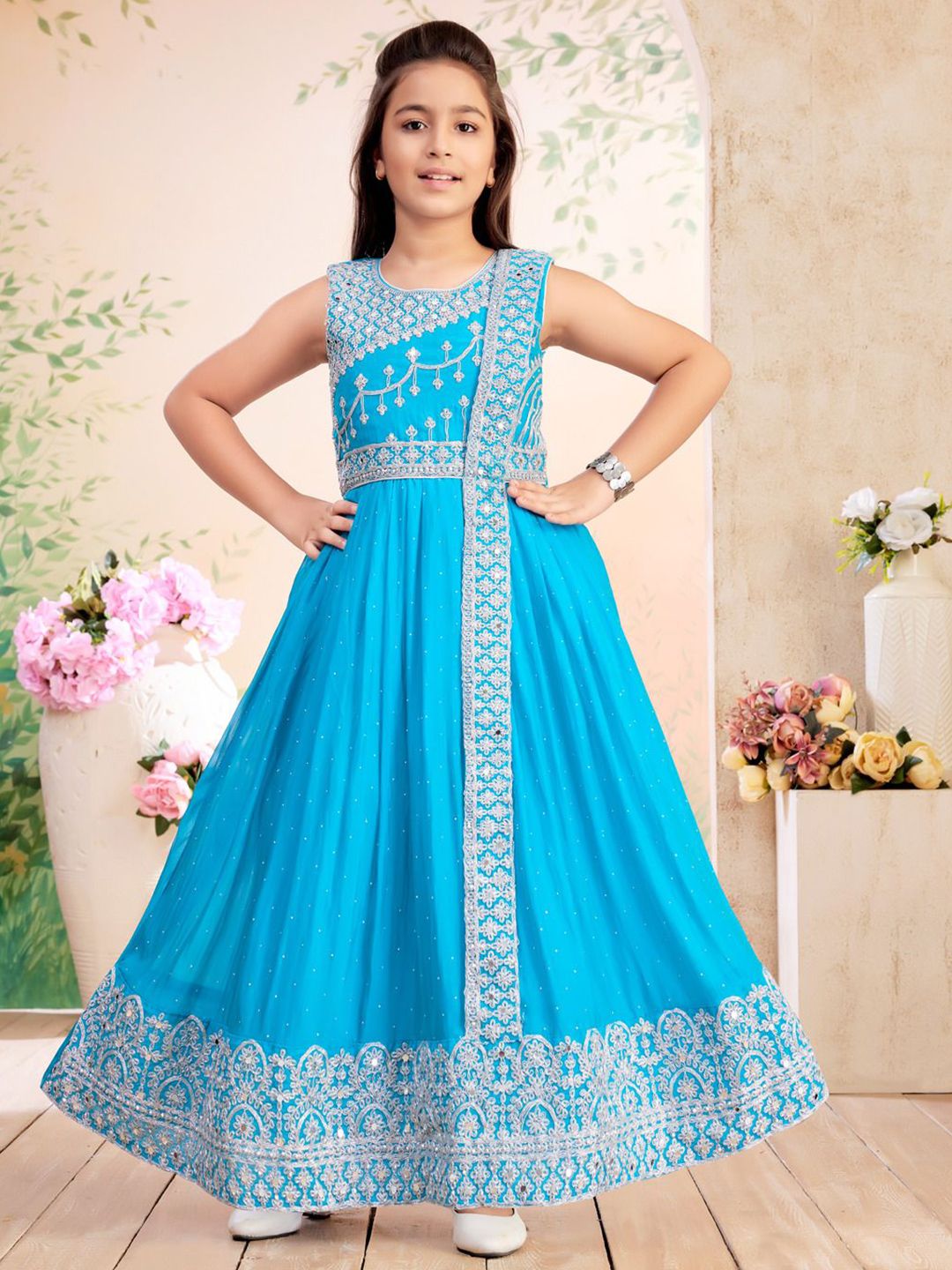 Sangria Girls Blue Silk Mirror & Thread Embroidered A-Line Round Neck Maxi Dress-picture-33