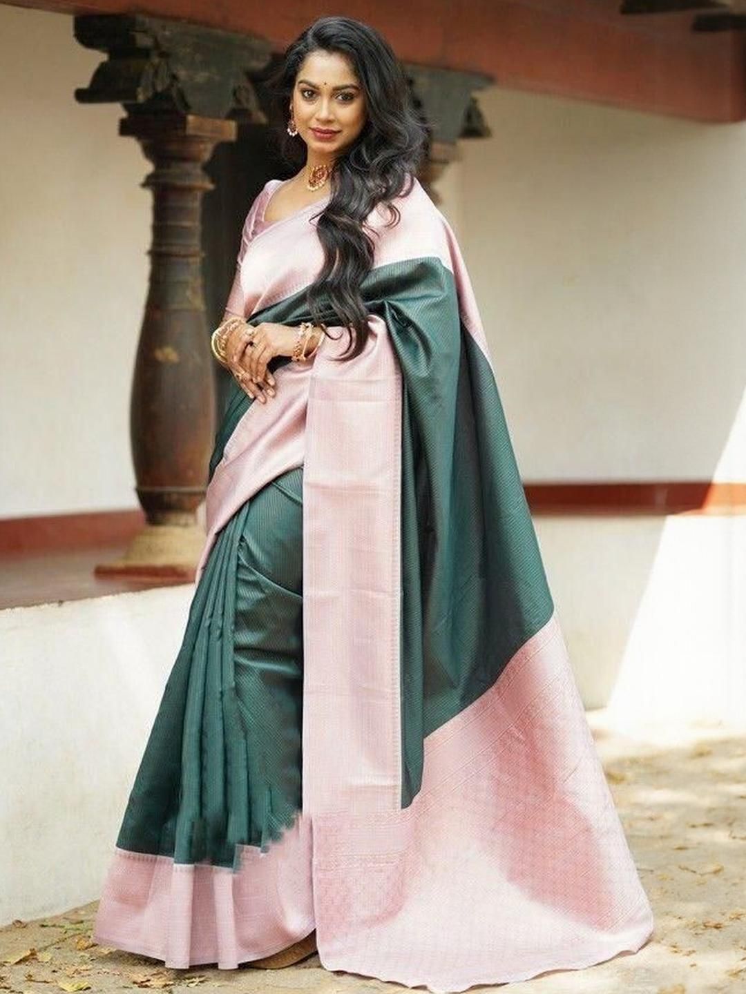 Zenophily Multicolor Women Self Design Kanjivaram Pure Silk Art Silk Saree-picture-12