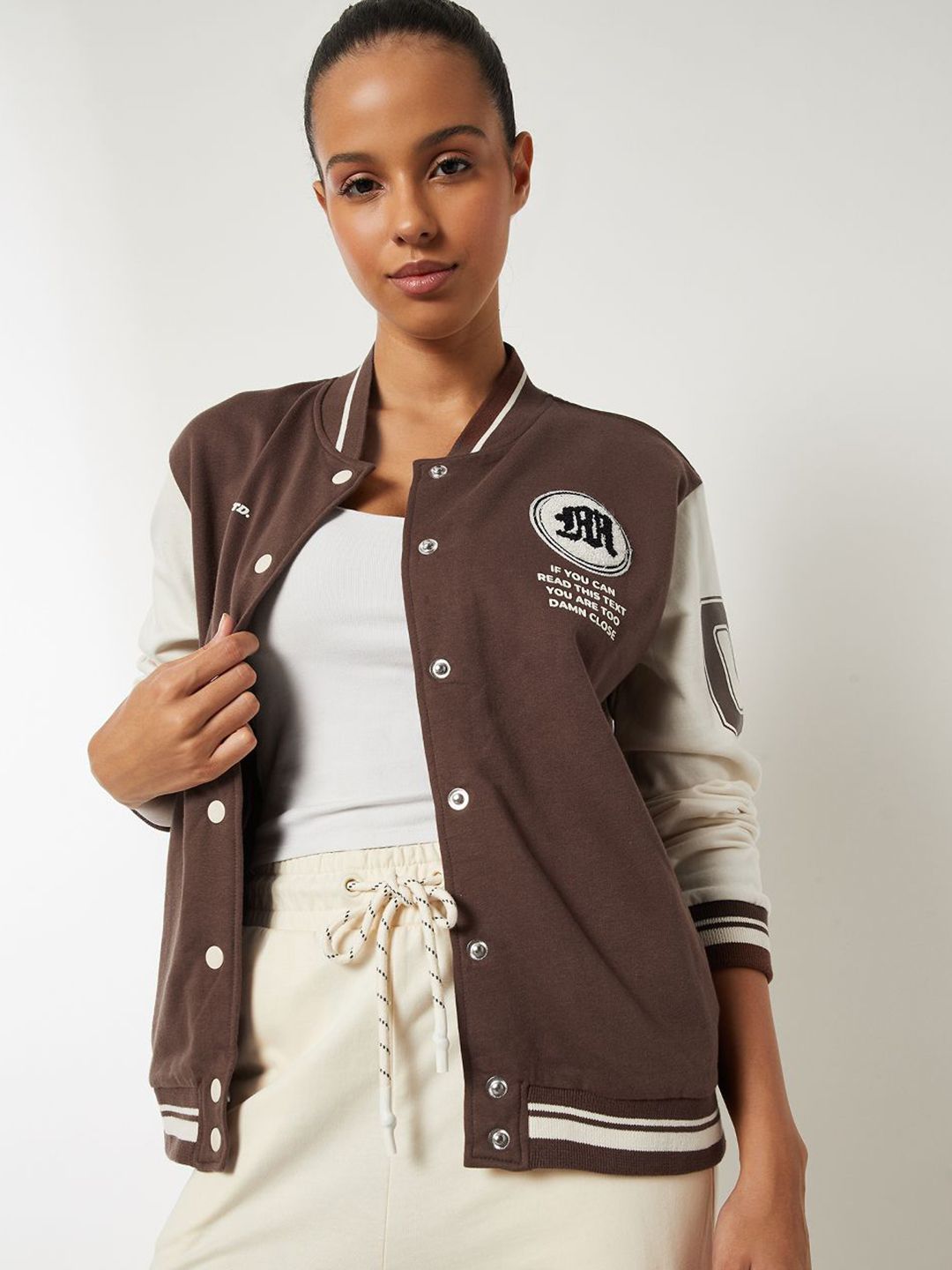 max Women Stand Collar Colourblocked Casual Varsity Cotton Jacket
