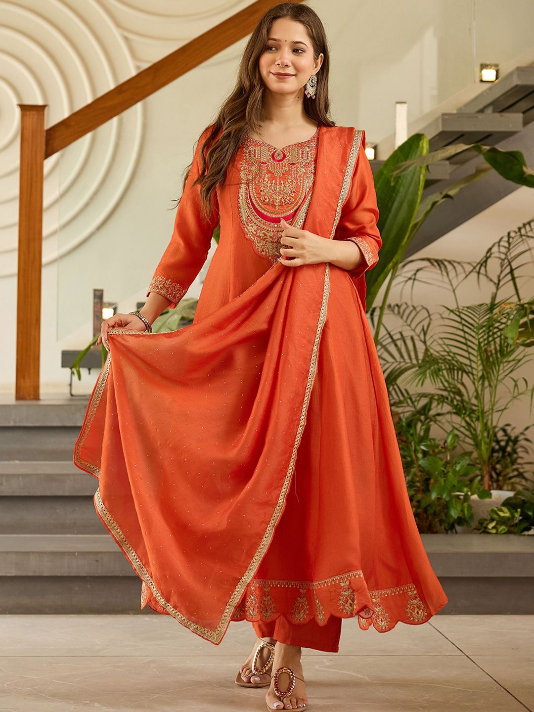 VASTRAHUT Embroidered Chanderi Silk Sweetheart Neck Sequinned Kurta With Trouser & Dupatta