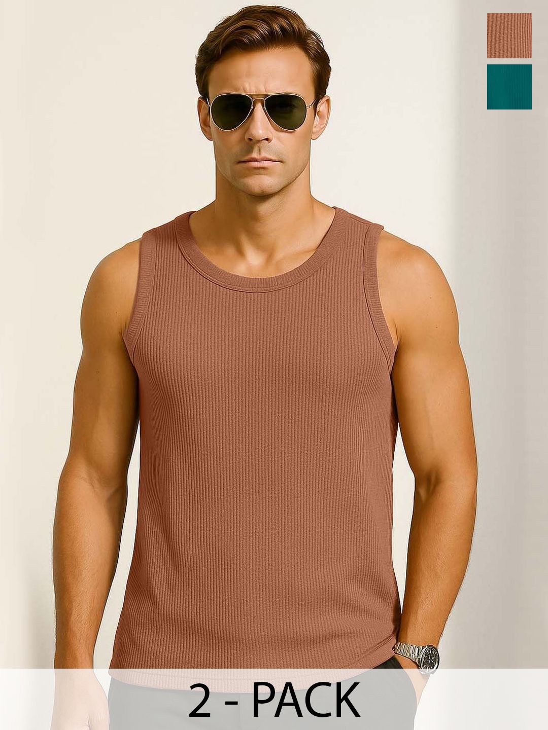 Organic Chics Men Pack of 2 Waffle Textured Vests-picture-58