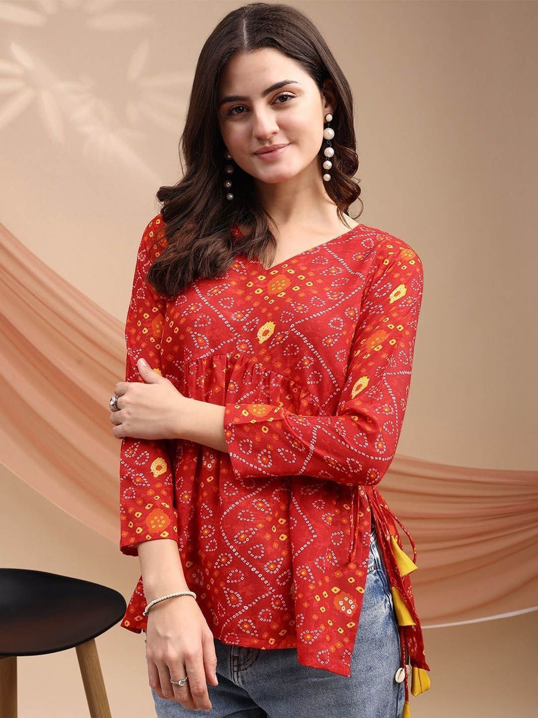 Youthnic Women's Red Cotton Blend Bandhani Print Peplum Kurti With Tassles and Kodi-picture-13