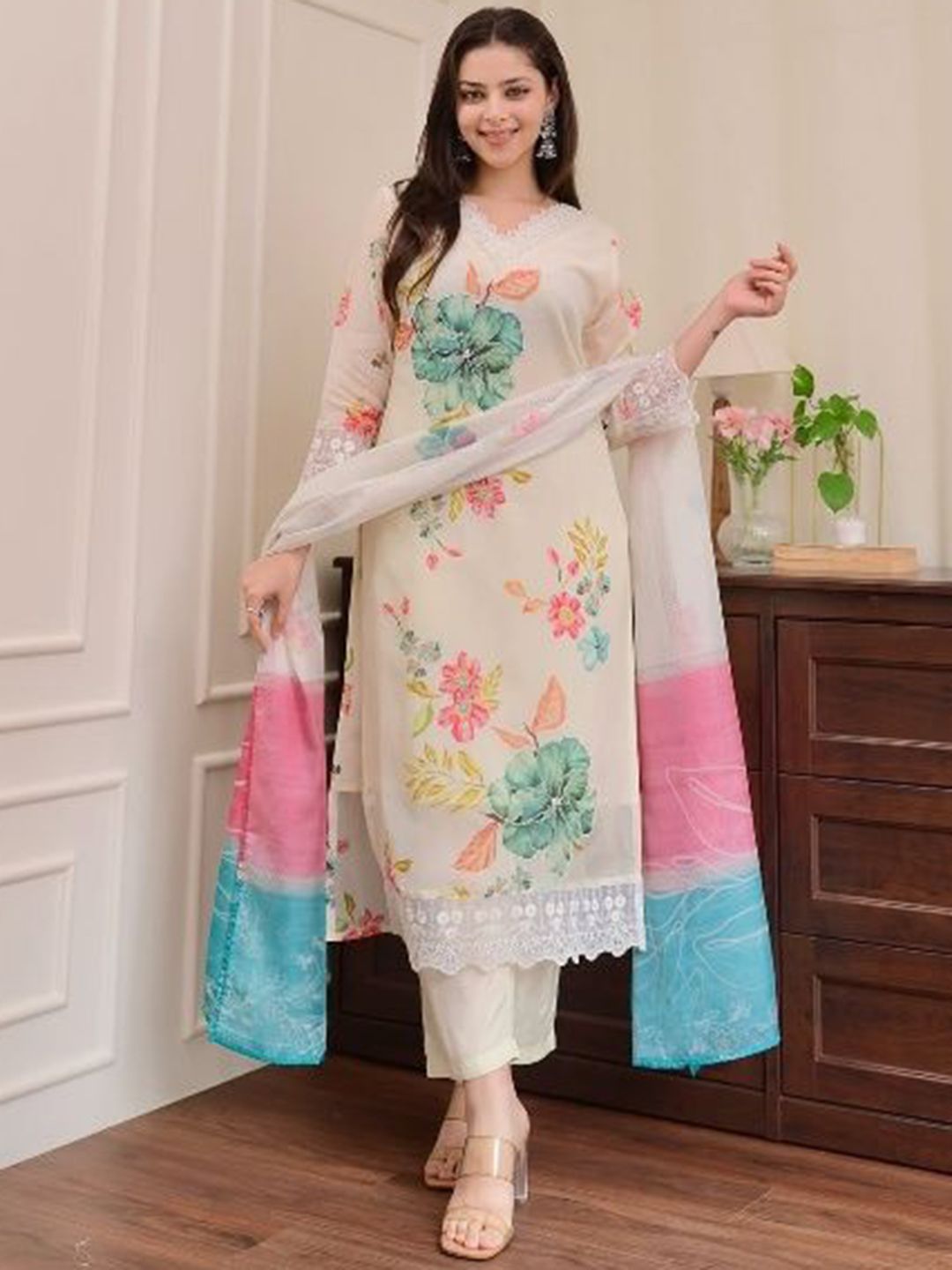 HERE&NOW Women Floral Printed A-Line Kurta with Salwar & Dupatta