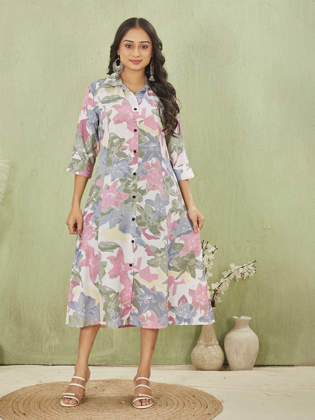 KALINI Floral Printed Shirt Collar Neck A-Line Midi Dress-picture-38