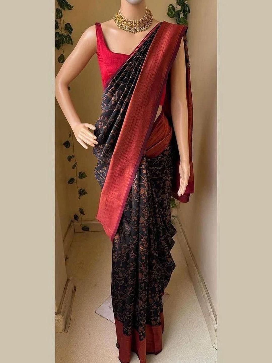 Zenophily Black & Red Women Woven Kanjivaram Pure Silk Saree-picture-16