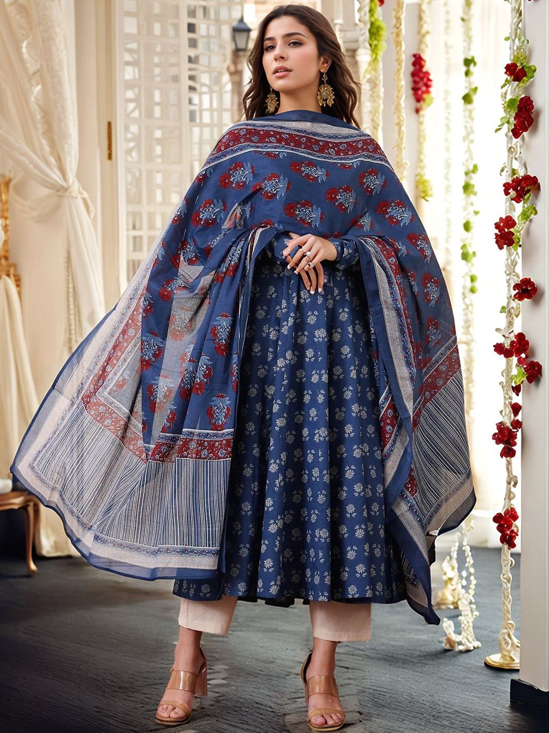 Moda Rapido Women Floral Printed Anarkali Kurta with Trousers & Dupatta