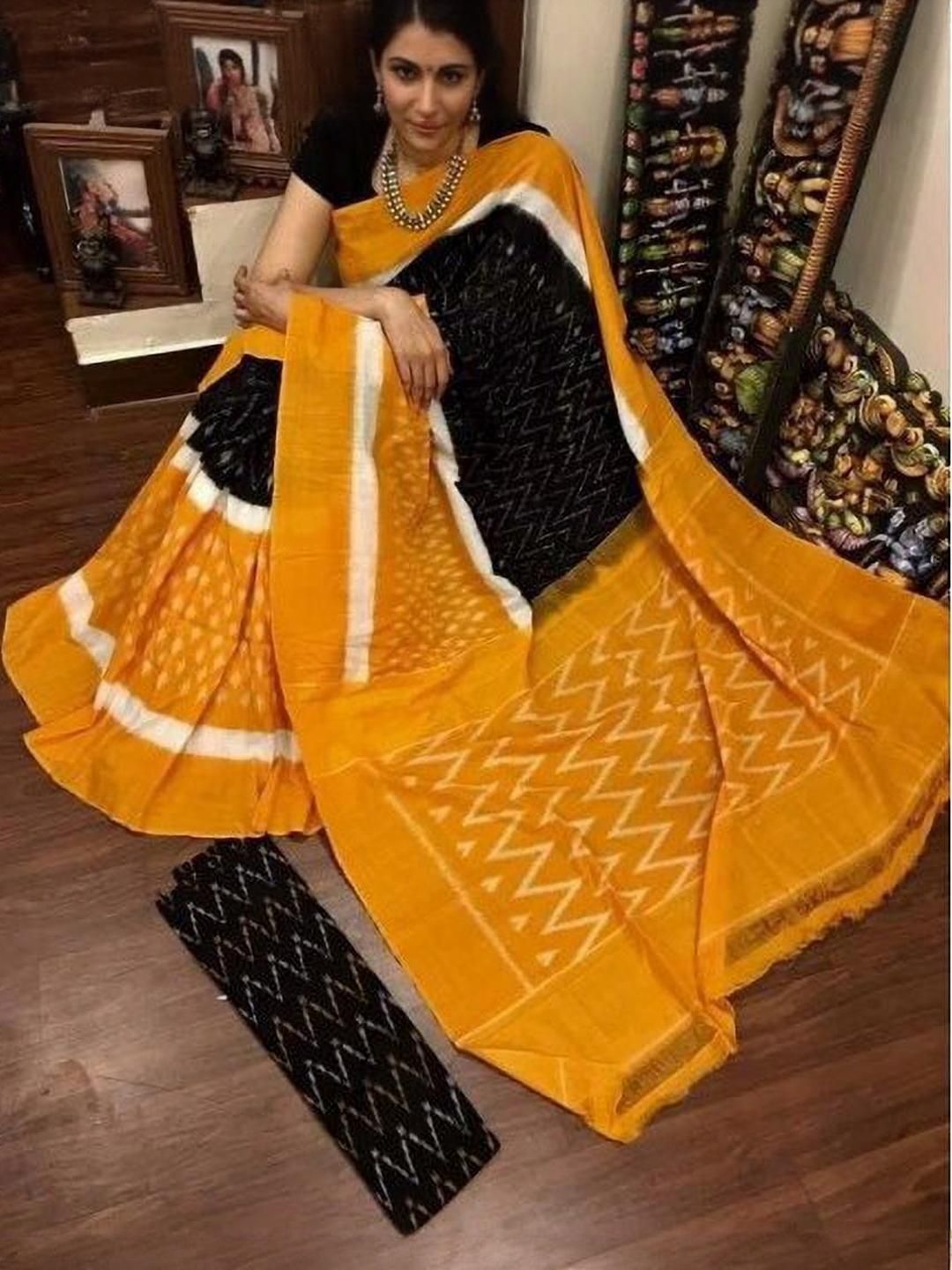 Dastkar Geometric Printed Pure Cotton Block Print Saree with Blouse Piece-image-40