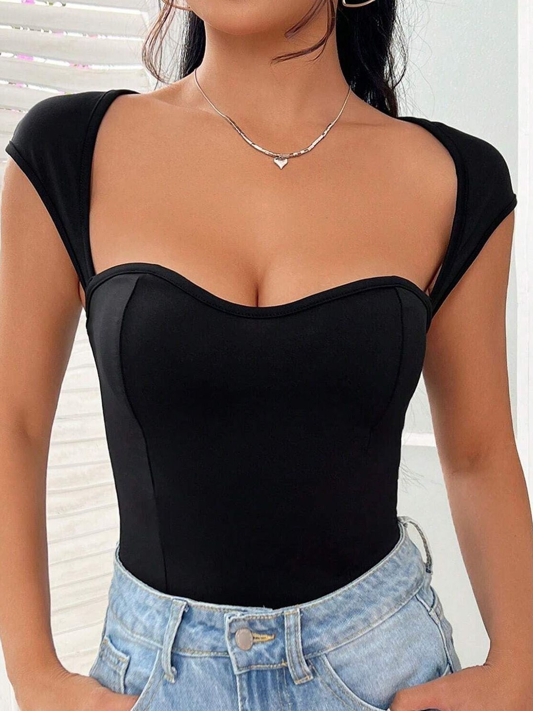 Outzidr Women Cap Sleeved Sweetheart Neckline Bodysuit-image-34