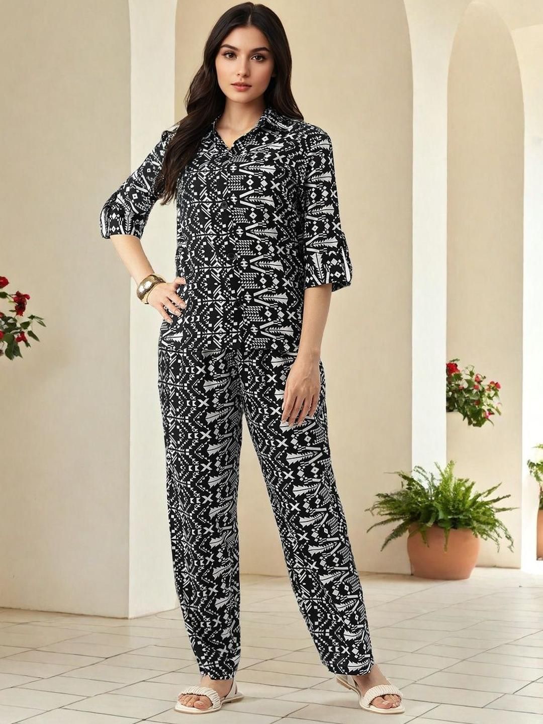 SZN Women Printed Shirt Collar Shirt With Trouser Co-Ords