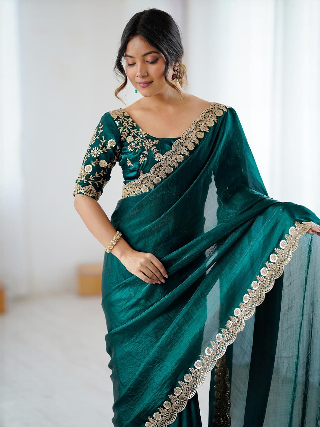 Anouk Green Embellished Tissue Sarees-picture-31